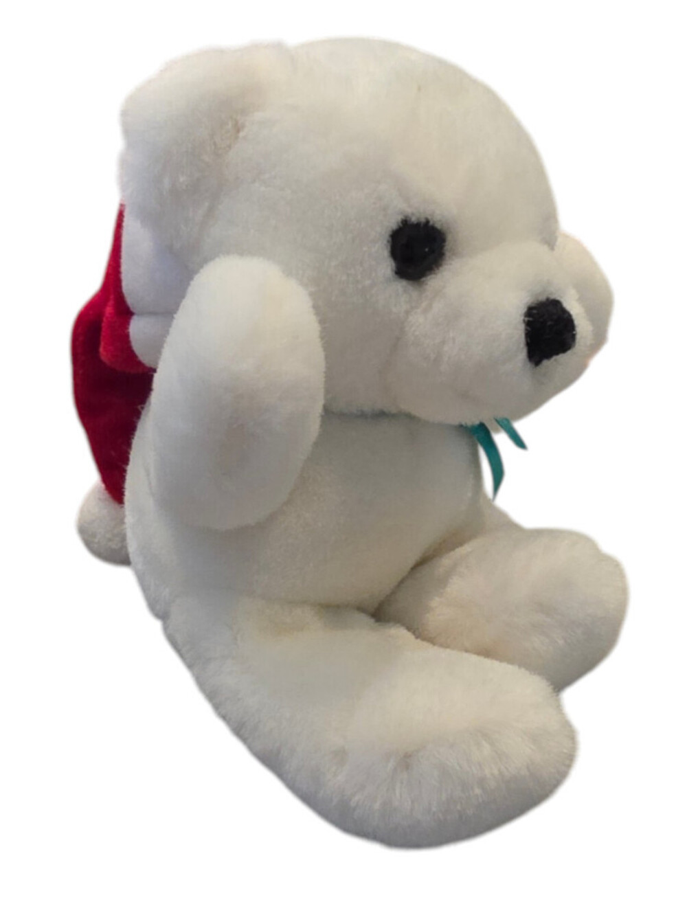 Vintage white plush teddy bear wearing a red Santa hat by Dakin RARE Christmas